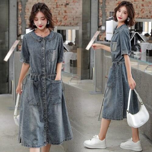 Korean Denim Dress Female Doll Collar Slim Elegant 2021 Summer Short Sleeve Drawstring Waist Vintage Jeans Shirt Dress zh1435