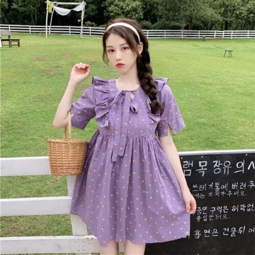 Womens Korean-Style Floral Lace-up Bow High-Waist Doll Short-Sleeve Dress Short-Height New Summer First Love sweet lolita Dress