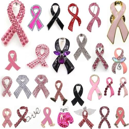 50 Pcs/Lot Custom Fashion Rhinestone Ribbon Breast Cancer Awareness Medical Brooch Pins For Nurse Gift