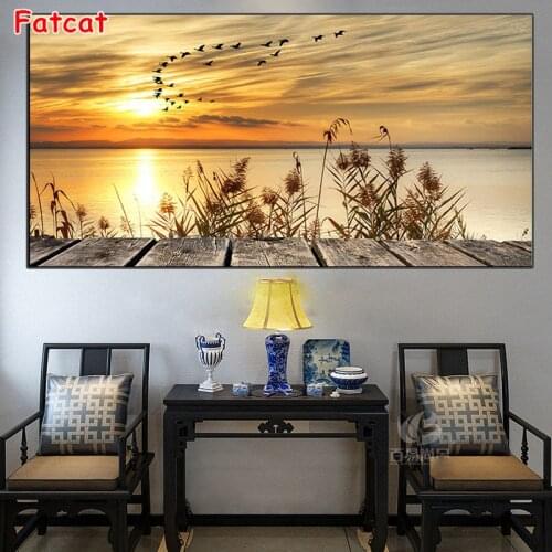 Full Square Drill 5D DIY Diamond Painting Beach Scenery Embroidery Sunset,flying birds Mosaic large size Home Decor PP2260