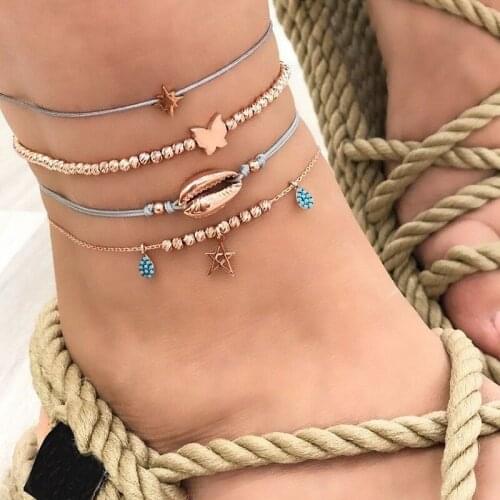 Fashion Beach Jewelry Sea Shell Bracelets for Women Bohemian Colorful Vintage Handmade Bracelet 4 Pieces Anklet Women Gifts