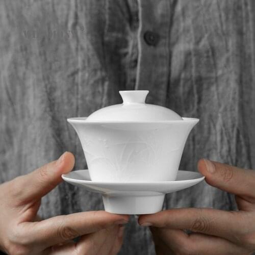 Jingdezhen white porcelain Sancai cover bowl hand carved orchid tea bowl craftsmanship hand made high-end ceramic tea set