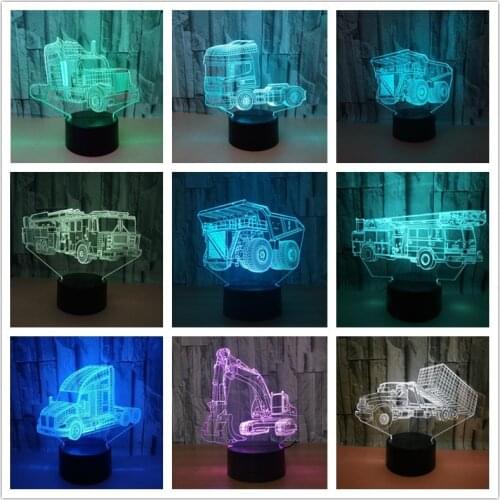 Excavator Giant Usb Led 3D Light Shovel Tractor Cement Mixer Hoisting 3d Visual Illusion Lamp Vehicle Truck Kids Night Light