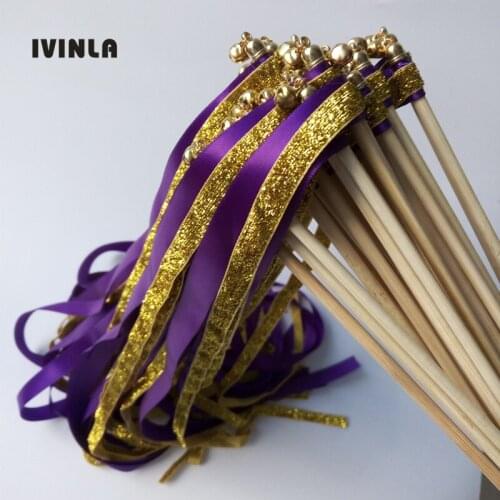 Hot Selling 50Pieces/Lot Gold Glitter and Purple Ribbon Wands Stick With gold Bell For Wedding Decoration
