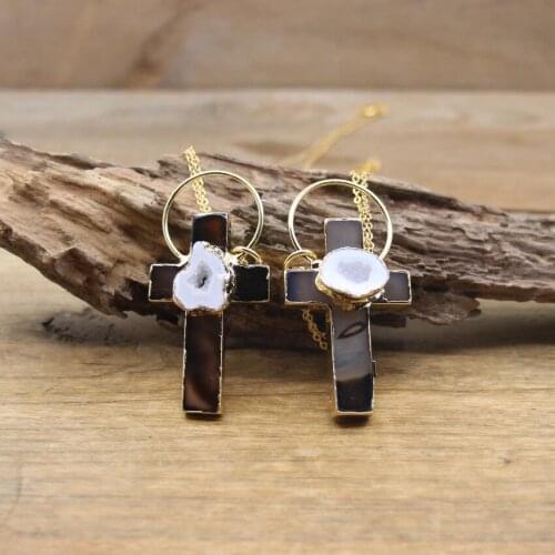 Brown Agates Cross Inlay Geode Hoop Pendants Golden Necklace,Raw Druzy Drusy Charms Chains For Women Jewelry Dropshipping,QC3074