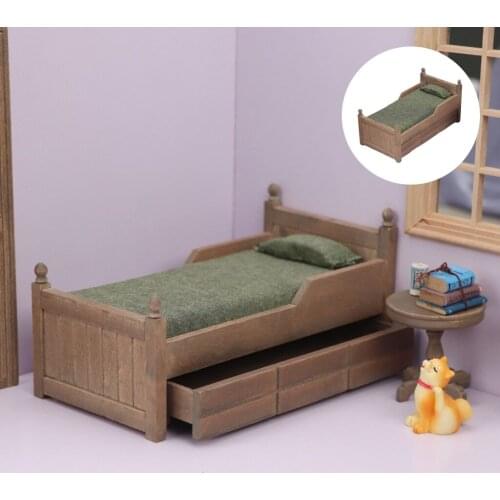 1:12 Scale Mini Wooden Bed Simulation Model Baby Doll Bedroom Supplies Decor