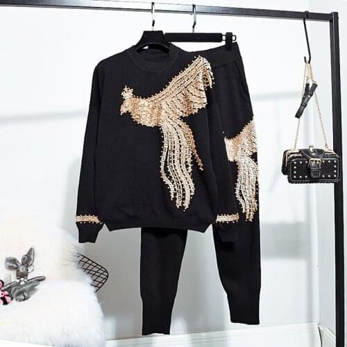 Fashion Black Knitted Tracksuit Set Women Manual Beading Sequin Eagle Sweater Pencil Pants Outfits Loose Casual Knit Suit Female