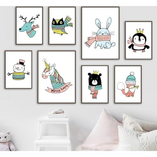Cartoon Unicorn Owl Fox Penguin Deer Wall Art Canvas Painting Nordic Posters And Prints Wall Pictures Kids Room Nursery Decor