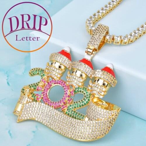 Number With Santa Claus Pendant Colorful Zircon Mens Hip Hop Christmas Necklace Chain Rock Jewelry