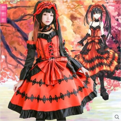 Anime DATE A LIVE COSPLAY Tokisaki Kurumi COS Halloween Party Cosplay Lolita goth Dress+Headdress+Bow+Sleeve+Collar+Socks Sets