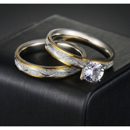 Couple Rings - Women Exquisite Rhinestones Zirconia Rings Set Simple Stainless Steel Men Ring Fashion Jewelry For Lover Gifts