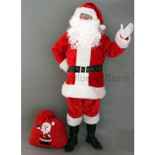 9 Pieces Full Set Christmas Santa Claus Cosplay Costume Hat Wig Beard Glasses Coat Pants Belt Shoes Cover Gloves Adult Suits