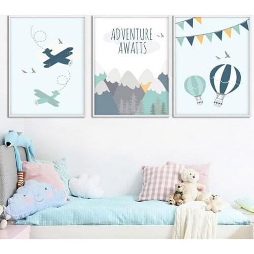 Adventure Quote Cartoon Mountain Airplane Print Wall Art Canvas Painting Nordic Kid Room Decoration Picture Unframed