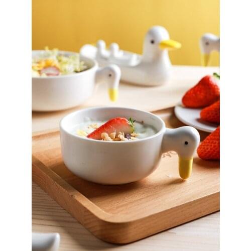 Japan Style Salad Bowls Cute Duck Printed Under Glazed Ins Popular Cutlery Ceramic Mugs With Handgrip 320ML Chopsticks Rack