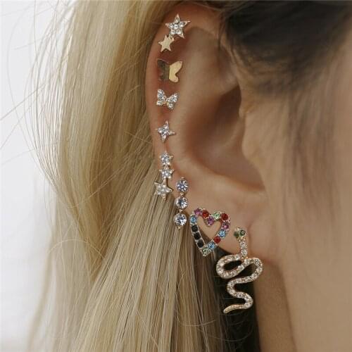 Luokey 8 Pairs/Set Women Crystal Stud Earrings Star Heart Butterfly Snake Earrings Set Fashion Charm Statement Brincos Jewellery