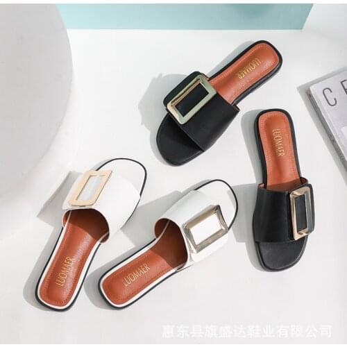 Metal Buckle Slippers Women Summer Shoes Slip On Slides Beach Sandals Ladies Flip Flops Outdoor Flat Slippers Casual Slippers