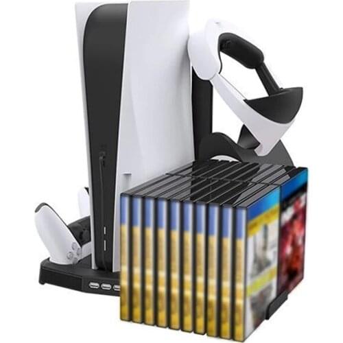 Vertical Stand Dual PS5 Controller Charger Station 2 Cooling Fan + Hook +20 Game Disc Storage for PlayStation 5 DE & UHD Console