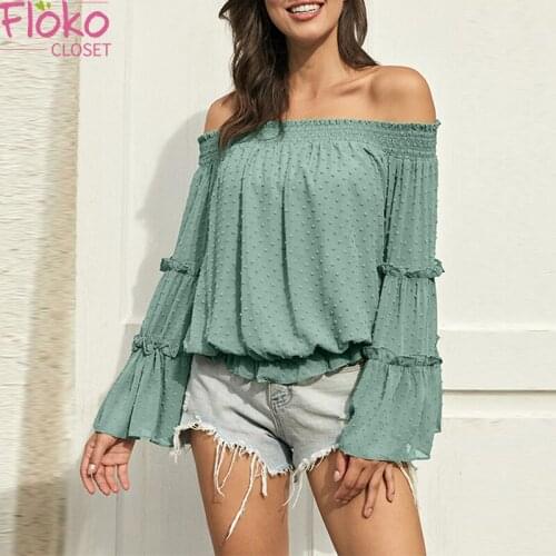 Flokocloset Flare Long Sleeve Off The Shoulder Chiffon Blouse Casual Autumn Spring Slash Neck Womens Tops
