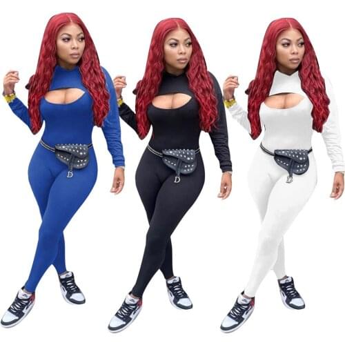New Autumn Casual Solid Jumpsuit Women Two Piece Set Sports Fitness Streetwear Jumpsuit + Long Sleeve Crop Top Rompers Overalls