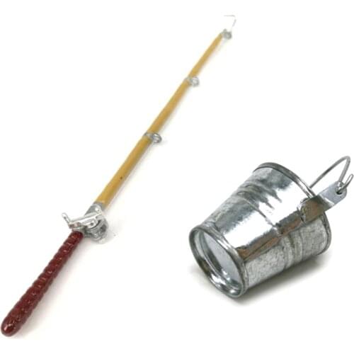 1 Set Doll House Decoration Dolls Accessories Dollhouse Miniature Metal Fishing Rod Model+Water Bucket Doll Life Scene