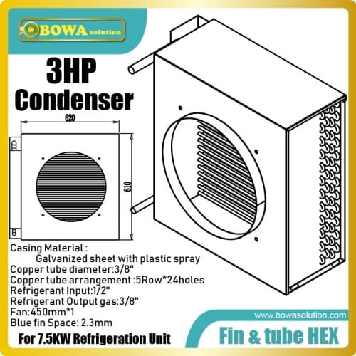 3HP fin & tube heat exchanger is working as condenser of air cooled condensing unit for cold room or refrigeration cabinets