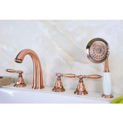 Antique Red Copper Brass Widespread Three Handles Deck Mounted 5 Holes Bathroom Tub Faucet Mixer Tap With Handshower mtf237