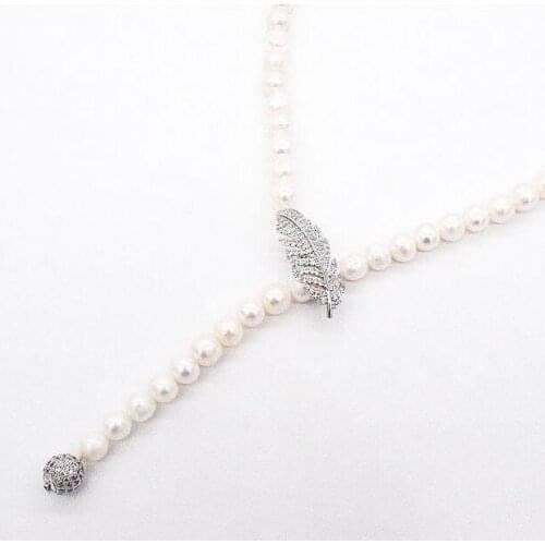 Free shipping jewelry Handmade 20" 7-8mm White Pearl CZ Necklace Pendant 925 silver micro inlay zircon leaf clasp accessory