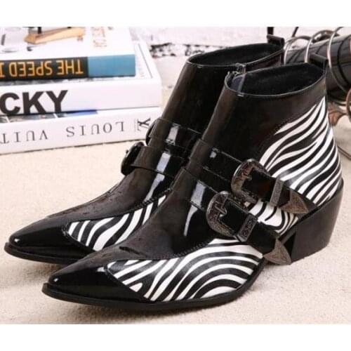 Christia Bella Man Pointed Toe Big Size Agraffe Short Boots Fashion Zebra-stripe Genuine Leather Party Male Heighten Ankle Shoes