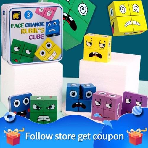 Face Changing Building Block Wooden Toys Montessori Games Cartoon Cube Children Assembly Jigsaw Puzzle Kid Portable Gift Relief