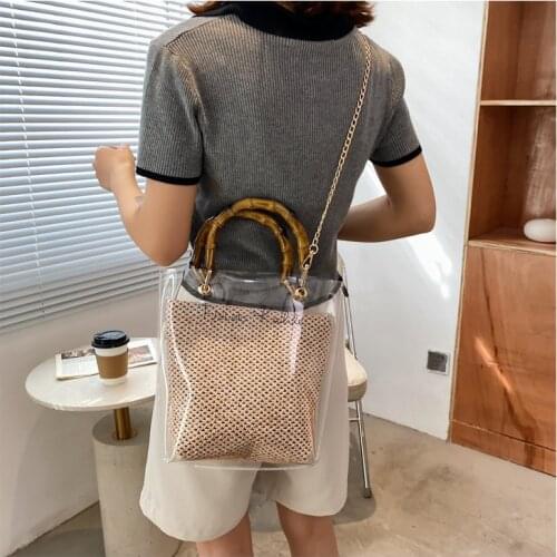 Bamboo Knot Design Handle Transparent Straw Crossbody Bags for Women 2021 Summer Fashion Chain Shoulder Handbags Totes