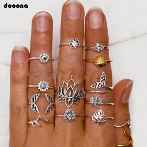 Docona 15pcs/sets Vintage Antique Silver Color Rings Lotus Flowers Summer Shell Wave Leaf Geometric Boho Jewelry for Women 9625