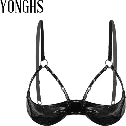 Erotic Sexy Bras Shiny Patent Leather Black Lingerie Bra with Rivet Strap and Underwire Cupless No Pads Bra Top