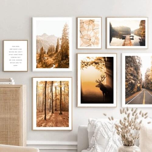 Maple Leaf Deer Road Calm Lake Bridge Fall Forest Art Canvas Painting Nordic Posters And Prints Wall Pictures Living Room Decor