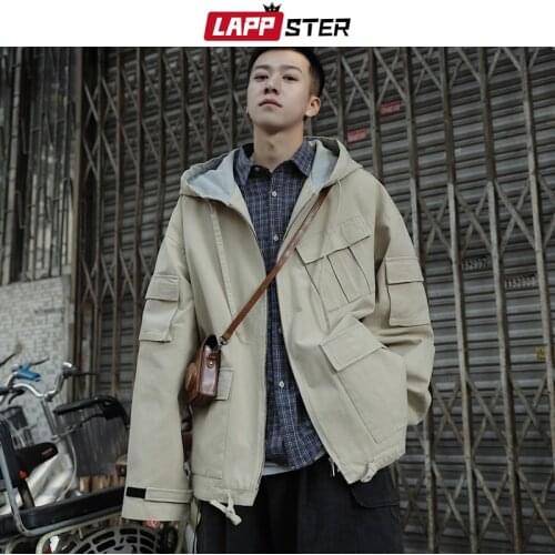 LAPPSTER Men Streetwear Pocket Cargo Jacket Coat 2020 Autumn Mens Vintage Black Windbreaker Male Korean Fashions Bomber Jackets