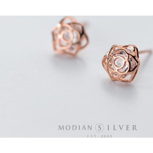 Modian Rose Flower Clear Zirconia Romantic Tiny Stud Earrings Fashion Sterling Silver 925 Jewelry For Women engagement Wedding