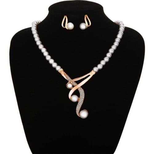 Fashion Women Hook Shape Pendant Faux Pearl Beaded Necklace Earrings Bridal Party Jewelry Set