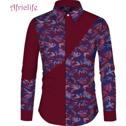 Mens Shirt African Clothing 2021 100% Cotton Dashiki Patchwork Print Shirt Tops Bazin Riche Traditional African Clothing WYN188