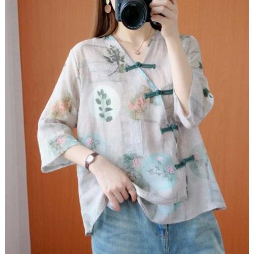 New 2021 Traditional Chinese Top Flower Print Hanfu Clothes Oriental Clothing Traditional Chinese Linen Blouse For Women 30944