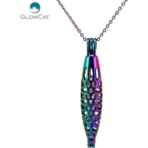 C258 Rainbow Color Hollow Circle Totem Fish Shuttle Bead Cage Necklace Pendant Aroma Essential Oil Diffuser Locket Necklace