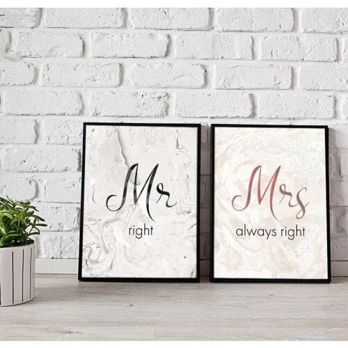 Mr Mrs Prints Poster Quotes Canvas Painting Romantic Couple Wall Art Marble Master Bedroom Decor Wedding Decoration Pictures