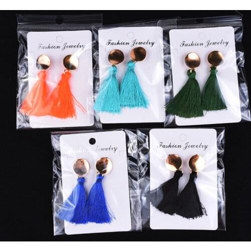 PPG&PGG Bohemian Tassel Stud Earrings Fashion Black white Red Green Silk Fabric Fringe Stud Earring for Women