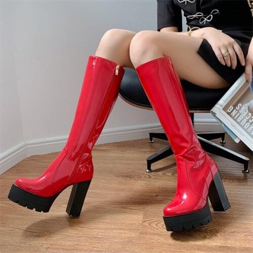 PXELENA 2020 Autumn Women Patent Leather Punk Rock Gothic Knee High Boots Block Chunky High Heels Platform Riding Knight Boots