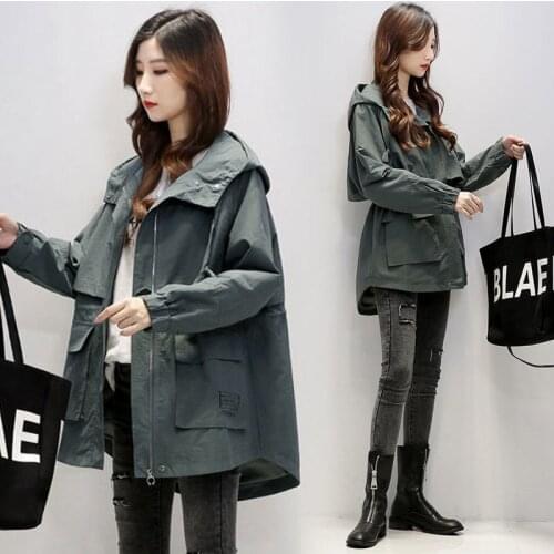 Plus Size Women Jackets Spring Autumn Loose Hooded Outerwear Female Windbreaker Mid-length Basic Overcoat Zipper Jackets Tops