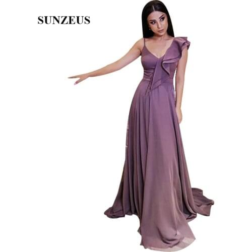 A-line V-neck Spaghetti Straps Evening Dresses Long Purple Chiffon Formal Women Dress Simple Party Gowns vestidos formales para