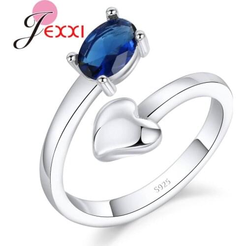 Unique Design Adjustable Opening 925 Sterling Silver Finger Rings Love Heart Shape Blue/Red 2 Color For Choice