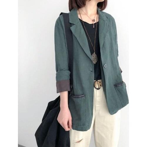 2020 Autumn Arts Style Women Long Sleeve Single Button Loose Casual Blazer Double Pocket Vintage Linen Blazer Femme Coat M252