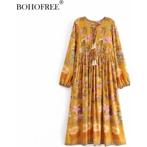 Bohemian 2020 Women Clothing Spring Dress Lady Holiday Style Tassel O-neck Full Lantern Sleeves Maxi Dress Vestido