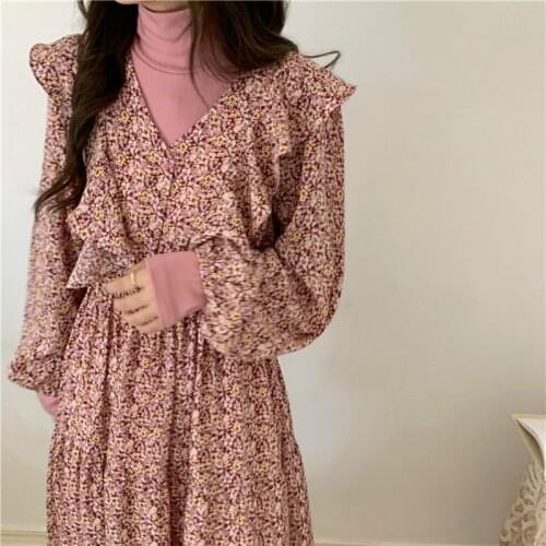 Women Spring Sexy V Neck Vintage Ruffle Long Floral Dress Long Sleeve High Waist A-line Pullover Dresses Casual Plus Size