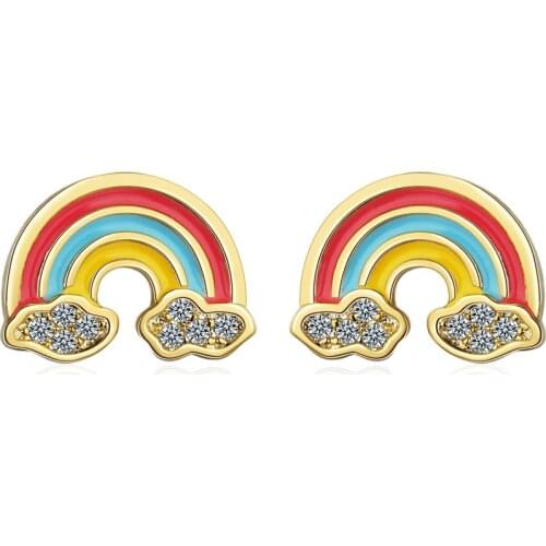 100% 925 Solid Real Sterling Silver 5mmX12mm Rainbow Cloud with CZ Stud Earring For Teen Girl Friend Kid Lady XY1029