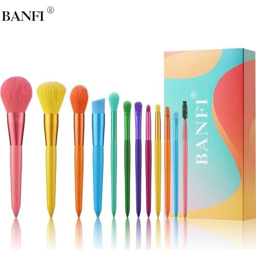 BANFI 12pc rainbow mixed color makeup brush professional powder basic eye shadow makeup brush set synthetic hair color beauty